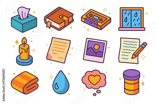 Emotional Reflection Icons. Colorful isometric vector icons set of emotional reflection items: tissue box, old diary, nostalgic music cassette, window view