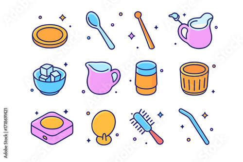 Colorful Coffee Accessories Icons. Colorful isometric vector icons set of Coffee mug accessories: coaster, spoon, stir stick, milk frother, sugar cube bowl,
