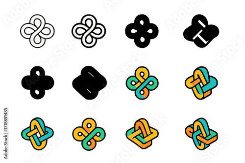 Tangle Logo Variations. Set Logo of Tangle: Interwoven Threads. Logo set in vector style, emblematic variations. line, bold thick line, solid black filled,