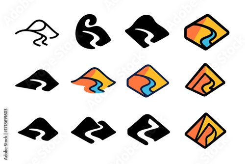 Desert Dunes Logo. Set Logo of Desert Dunes: Scorpion trail. Logo set in vector style, emblematic variations. line, bold thick line, solid black filled, solid
