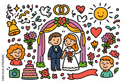 Colorful Wedding Celebration. Colorful Hand-drawn doodle Children illustration Wedding ceremony wedding arch, rings, bouquet, heart, bride, groom, wedding