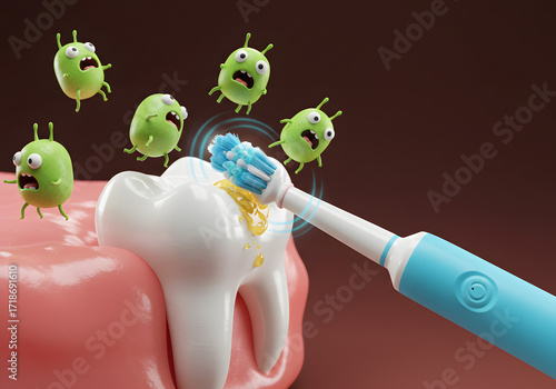 Electric toothbrush cleaning animated tooth