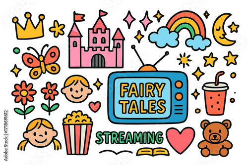Magical Children's Doodle. Colorful Hand-drawn doodle Children illustration Streaming Fairy Tales TV, princess crown, castle, rainbow, butterfly, flower, moon,