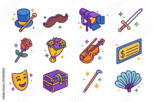 Musical Theater Props Icons. Colorful isometric vector icons set of planetary moons: Earth?s Moon, Europa, Io, Ganymede, Callisto, Titan, Enceladus, Triton,