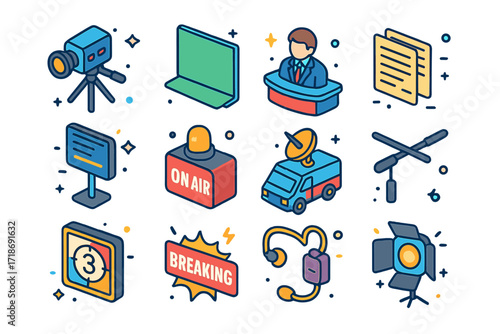 Broadcast Journalism Icons. Colorful isometric vector icons set of broadcast journalism: studio camera, green screen, news anchor desk, cue cards,