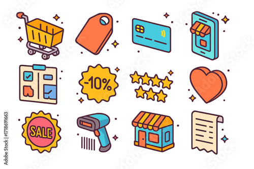 Isometric Consumer Icons. Colorful isometric vector icons set of Consumer Choice Basics: shopping cart, price tag, credit card, smartphone with store app,