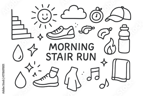 Morning Stair Run Doodle. Hand-drawn doodle illustration Morning stair run [stadium steps, sun, cloud, sneakers, stopwatch, whistle, water bottle, cap, sweat