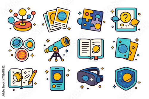 Colorful Solar System Icons. Colorful isometric vector icons set of solar system education and fun: model solar system, planetary cards, orbit puzzle, space