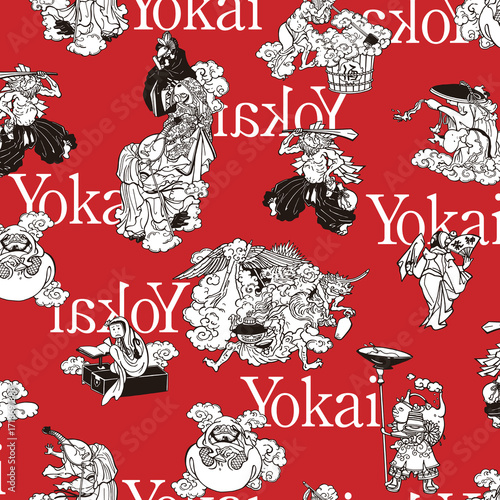 Classic Japanese monster yokai textile pattern,