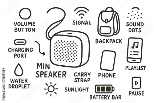 Portable Sound Gear Doodle. Hand-drawn doodle illustration Portable Sound Gear mini speaker, carry strap, volume button, charging port, signal icon, Bluetooth