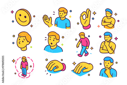 Non-Verbal Icons Collection. Colorful isometric vector icons set of non-verbal communication cues: smile, open palms, relaxed shoulders, hand gestures, head