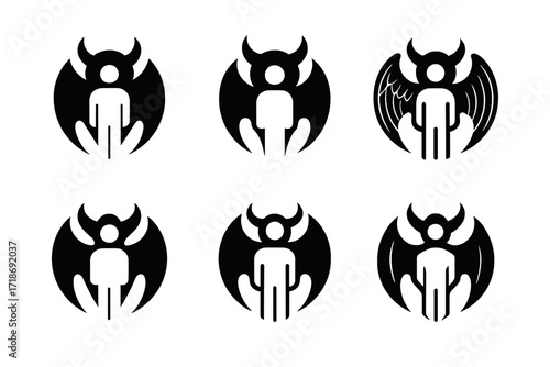 Devil's Grasp Emblem. person in the grasp of the devil. Set Logo of person in the grasp of the devil: person surrounded by devil?s wings. harmonious logo