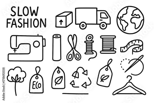 Slow Fashion Icons. Hand-drawn doodle illustration Slow fashion supply chain, delivery truck, box, globe, sewing machine, fabric roll, scissors, thread spool,