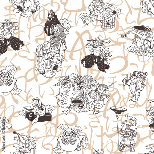 Classic Japanese monster yokai textile pattern,