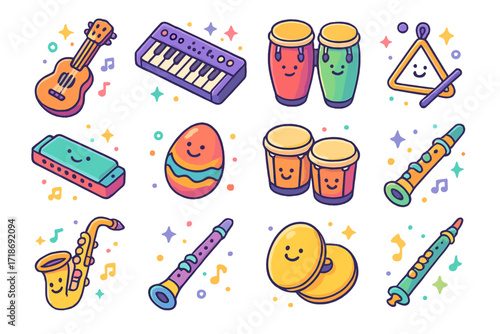 Cheerful Music Icons. Colorful isometric vector icons set of cheerful musical instruments: bright ukulele, glittery keyboard, colorful congas, triangle with