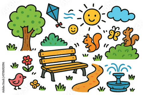 Whimsical Park Scene. Colorful Hand-drawn doodle Children illustration Office Party Pop [party popper, coffee cup, laptop, balloon, star, rainbow, heart,