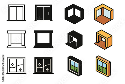 Indoor-Outdoor Icon Set. Icon Set of Indoor-outdoor flow basics: sliding glass door, open patio, garden view window. Icons set in vector style, emblematic