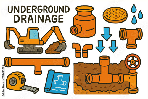 Underground Drainage Doodle. Underground Drainage. Colorful Hand-drawn doodle Children illustration underground pipe, inspection chamber, manhole cover,