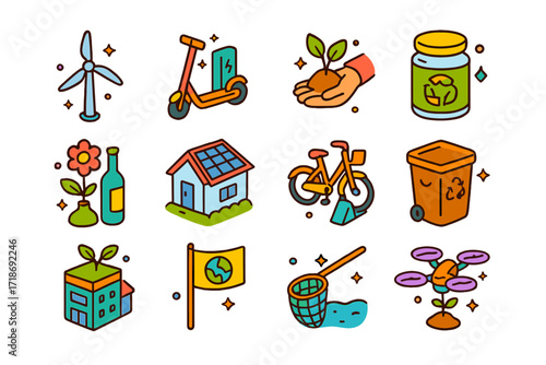 Colorful Climate Action Icons. Colorful isometric vector icons set of Climate and Environmental Action: wind turbine, electric scooter station, tree planting