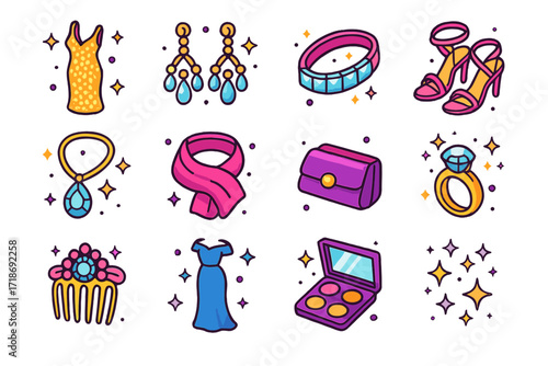 Elegant Jewelry Icons. Colorful isometric vector icons set of jewelry and evening gowns: sequin gown, chandelier earrings, rhinestone bracelet, strappy heels,