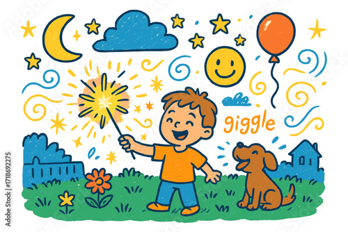 Nighttime Sparkler Fun. Colorful Hand-drawn doodle Children illustration Nighttime Play with Sparklers child holding sparkler, stars, moon, smiley face,