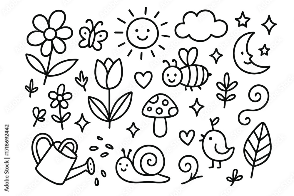 Fototapeta premium Whimsical Garden Doodles. Hand-drawn doodle illustration Whimsical garden dream [flower, butterfly, bee, leaf, heart, sparkle, sun, moon, star, cloud, watering