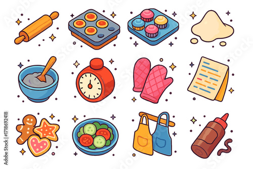 Isometric Cooking Icons. Colorful isometric vector icons set of Family cooking evening: rolling pin, mini pizza station, cupcake tray, flour spill, mixing