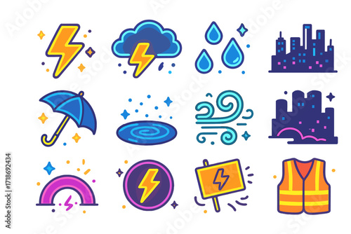 Neon Storm Icon Set. Colorful isometric vector icons set of nighttime neon storm: lightning bolt in neon, thundercloud with glow, neon-lit raindrops, stormy