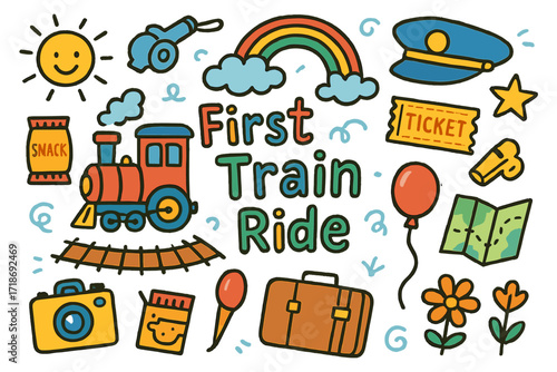 Children's First Train Adventure. Colorful Hand-drawn doodle Children illustration First Train Ride [train, tracks, ticket, conductor hat, whistle, cloud,