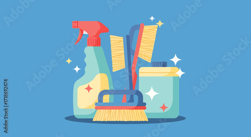 Flat lay illustration of cleaning supplies: spray bottle, brushes, and detergent container, against a bright blue background, in a vibrant, clean style.