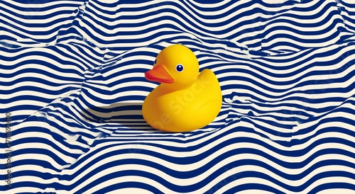 Minimalist composition of blue and white horizontal waves with a yellow rubber duck against a clean white background, high-resolution style image evoking calm water and playful bath time concept