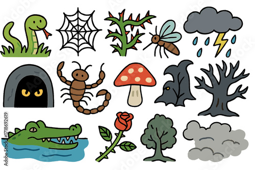 Nature's Hidden Dangers. Colorful Hand-drawn doodle Children illustration Hidden threat in nature snake in grass, spider web, thorn bush, wasp, mosquito,