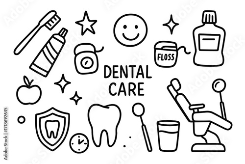 Dental Care Doodles. Hand-drawn doodle illustration Dental Care [toothbrush, toothpaste, floss, mouthwash, tooth, dental mirror, dental chair, smiling face,