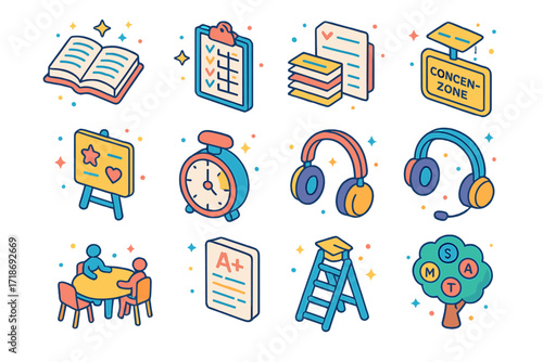 Colorful Study Motivation Icons. Colorful isometric vector icons set of school and study motivation: open textbook with sparkles, study schedule, motivation