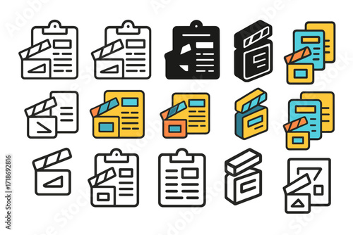 TV Production Logos Grid. Set Logo of TV Production Scheduling: Scene Breakdown Sheet. Logo set in vector style, emblematic variations. line, bold thick line,