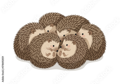 A cluster of six cartoon hedgehogs huddle together