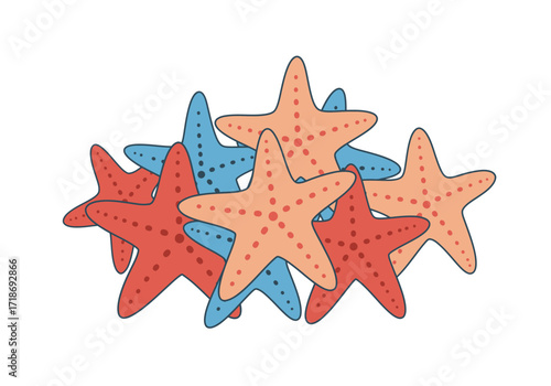 A cluster of seven starfish colored in shades of coral red and light blue scattered across a white background