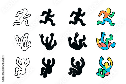 Distorted Body Icon Set. Icon Set of Distorted Body Silhouette Motions: Running distorted figure, Falling silhouette, Floating figure. Icons set in vector