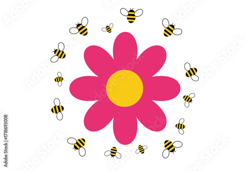 A magenta flower with a yellow center is surrounded by black and yellow bumblebees on a white background