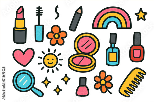Colorful Makeup Doodle. Colorful Hand-drawn doodle Children illustration Makeup Table Essentials [lipstick, mascara, eyeliner, blush, compact, perfume, nail