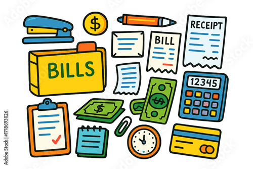 Office Supplies Doodle. Colorful Hand-drawn doodle Children illustration Office bills and receipts [bill folder, receipts, documents, pen, calculator, stapler,