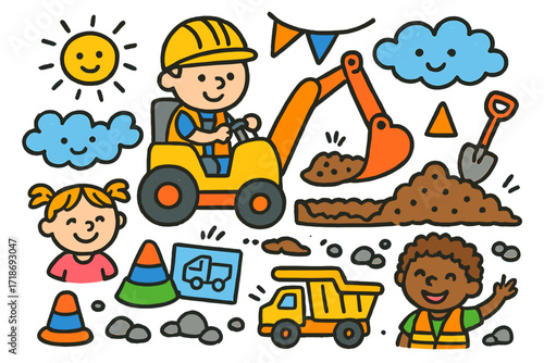 Playful Construction Scene. Colorful Hand-drawn doodle Children illustration Earthmoving fun bucket loader, toy cones, smiley kids, pretend trench, dirt pile,