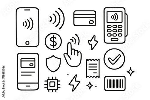 Contactless Payment Doodle. Hand-drawn doodle illustration Contactless payment system phone with wave, contactless icon, credit card, terminal, coin icon,