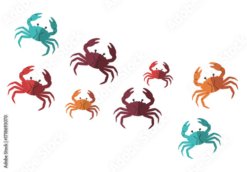 Assorted vibrant crabs spread across a white background
