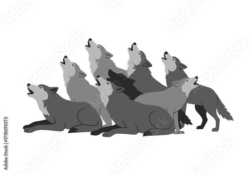 A pack of eight gray wolves of varied shades are howling towards the sky in a group