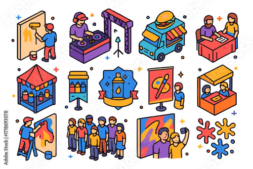 Street Art Festival Icons. Colorful isometric vector icons set of street art festivals: live mural event, DJ stage, food truck, artist signing, paint supply