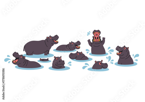 Cartoon hippos in water some with open mouths pink details water splashes