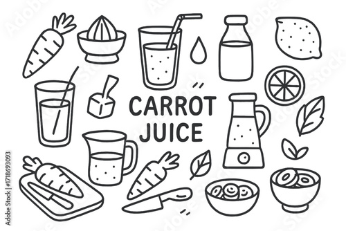 Carrot Juice Essentials. Hand-drawn doodle illustration Carrot juice [carrot, juicer, glass, straw, cup, bottle, water droplet, ice cube, lemon slice, leaf,