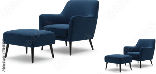 The second image shows two blue armchairs, each paired with a matching ottoman.