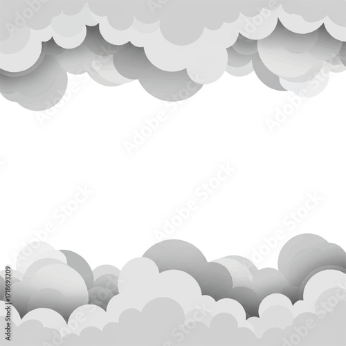 Stylized clouds frame a blank white space, creating a border effect with layered shapes in shades of gray.